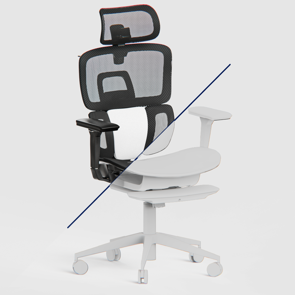 cgi 3D render overlay of a 3d model wireframe and a black office chair