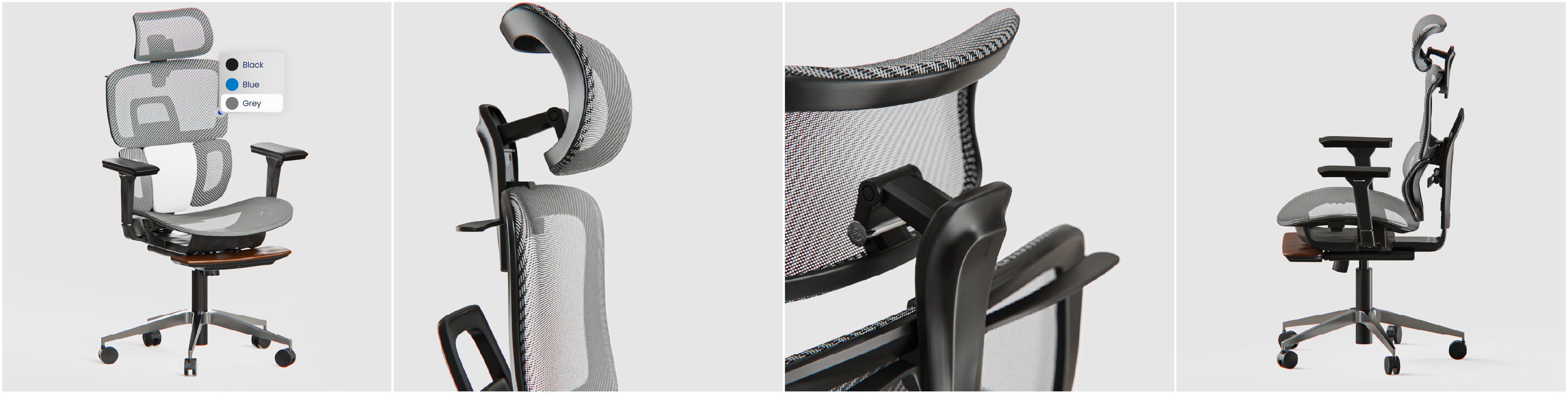 collage of 3d products renders of a white office chair from different angles with color picker