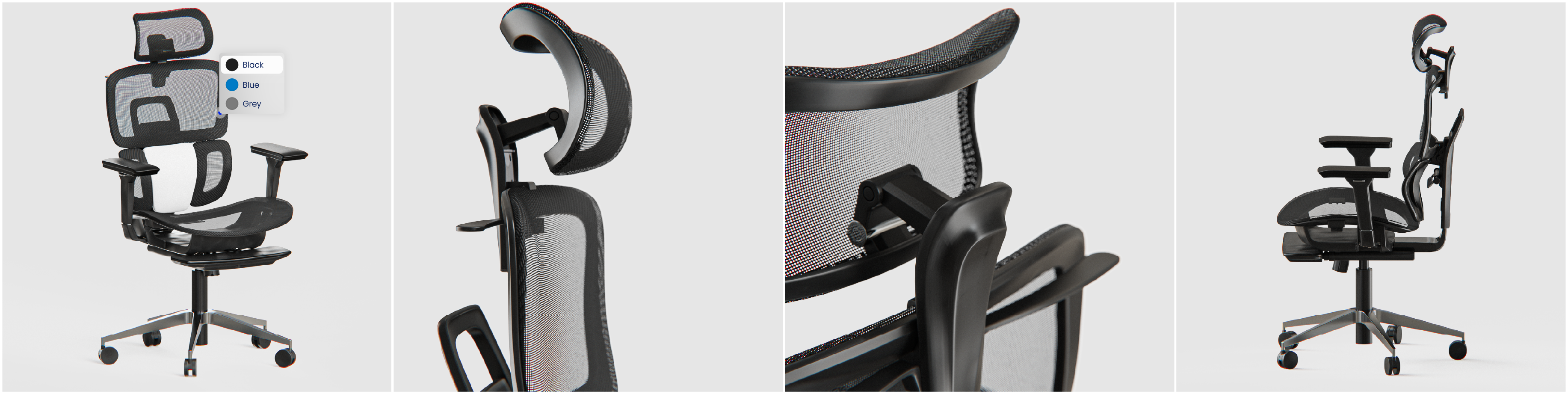collage of 3d products renders of a black office chair from different angles with color picker