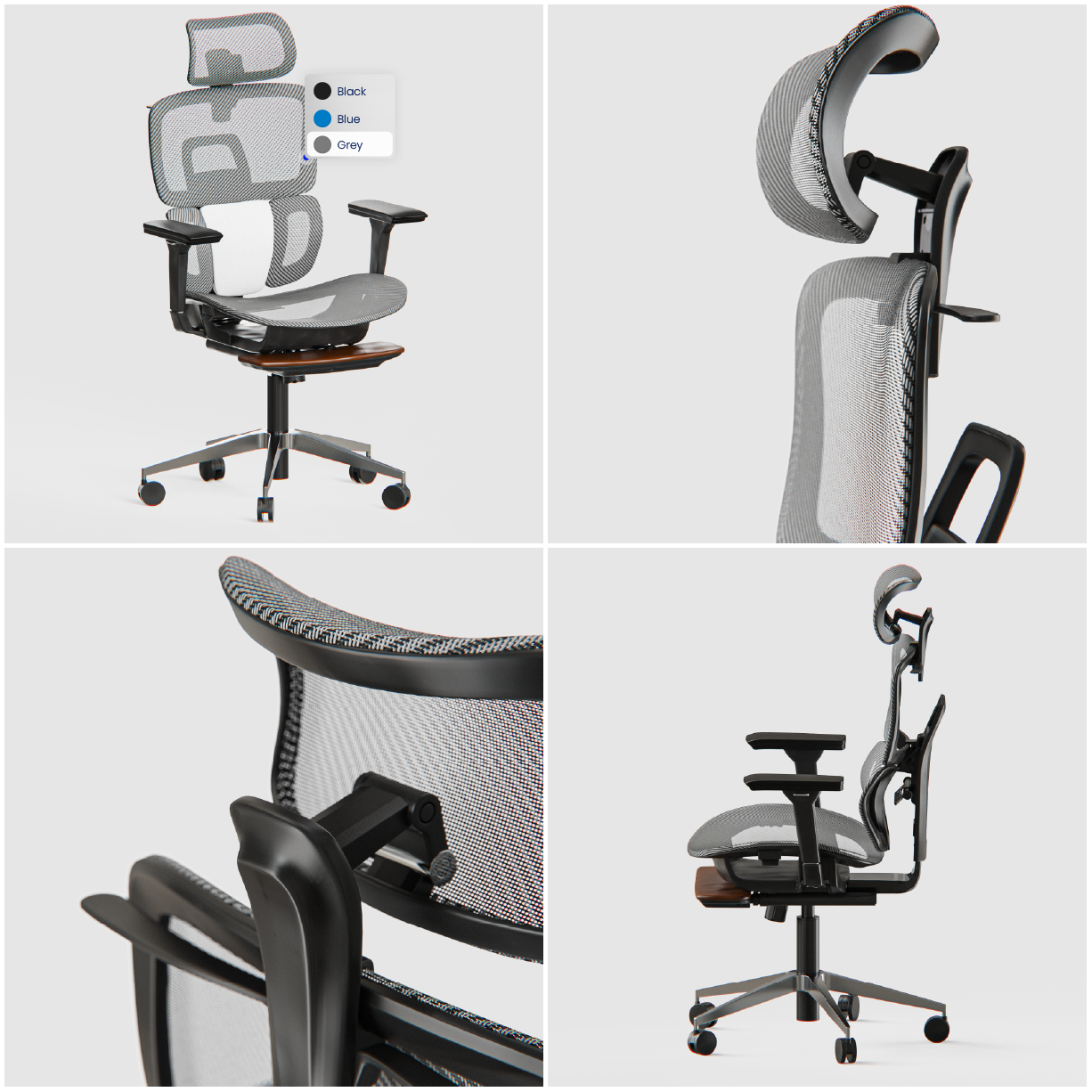 collage of 3d products renders of an office chair from different angles