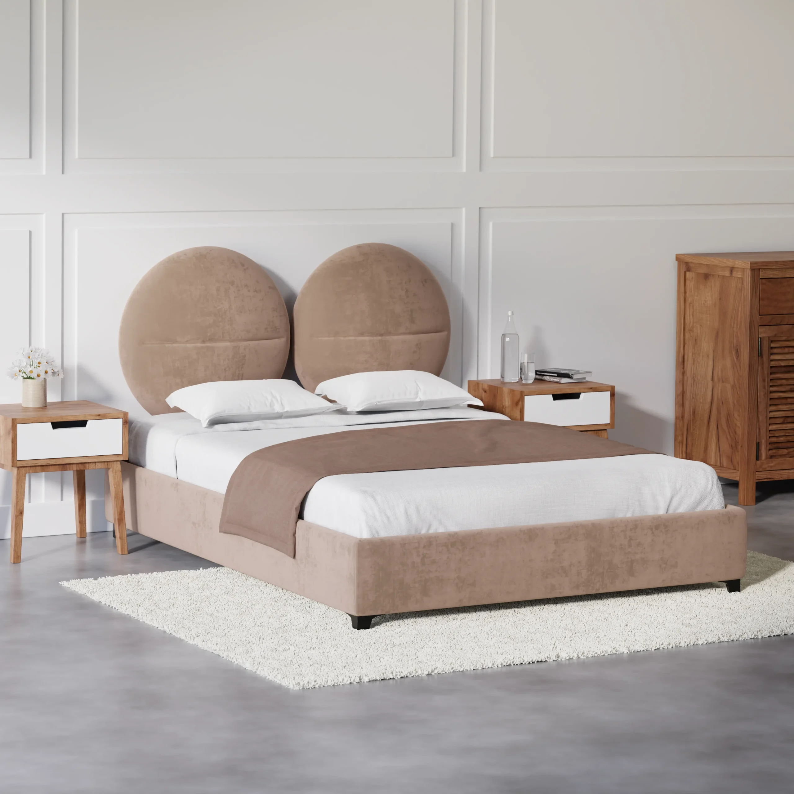 Lifestyle 3d product render of sleep room scene and a brown bed