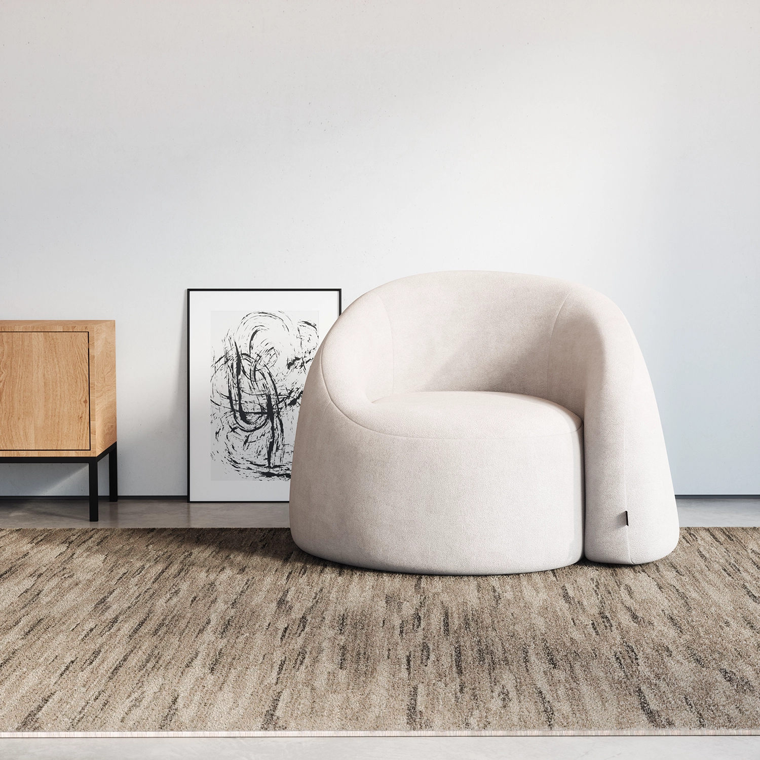 Lifestyle 3d product render of room scene and a cream armchair