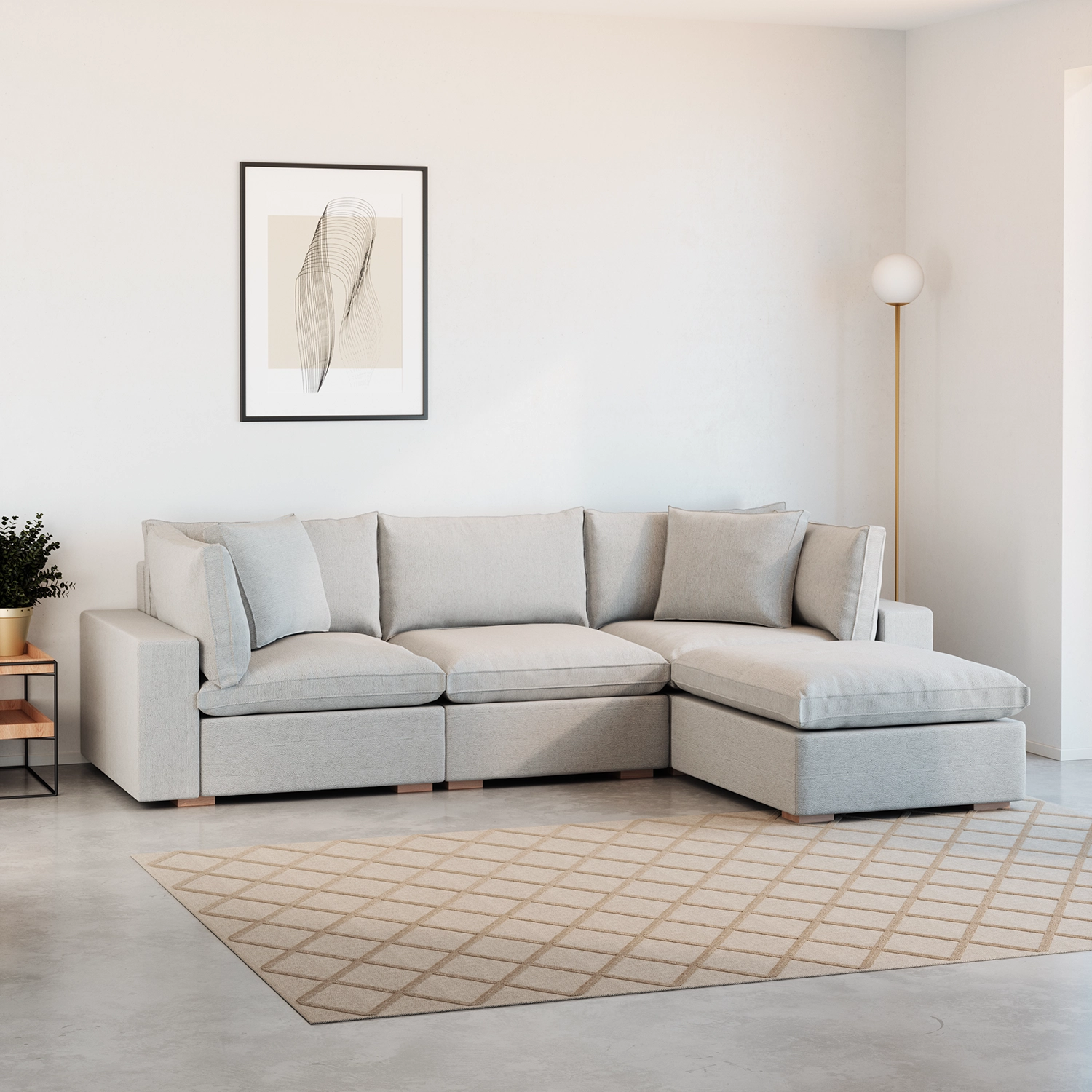 Lifestyle 3d product render of living room scene and a grey sofa
