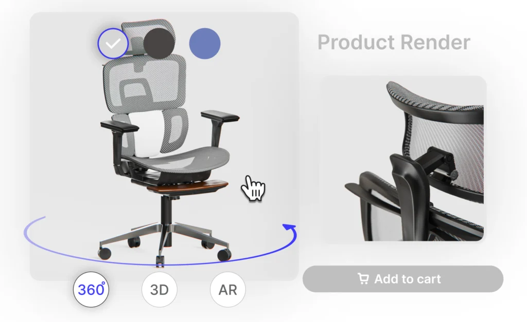 a 3D model of an office chair displayed with a product render and a web viewer with color picker