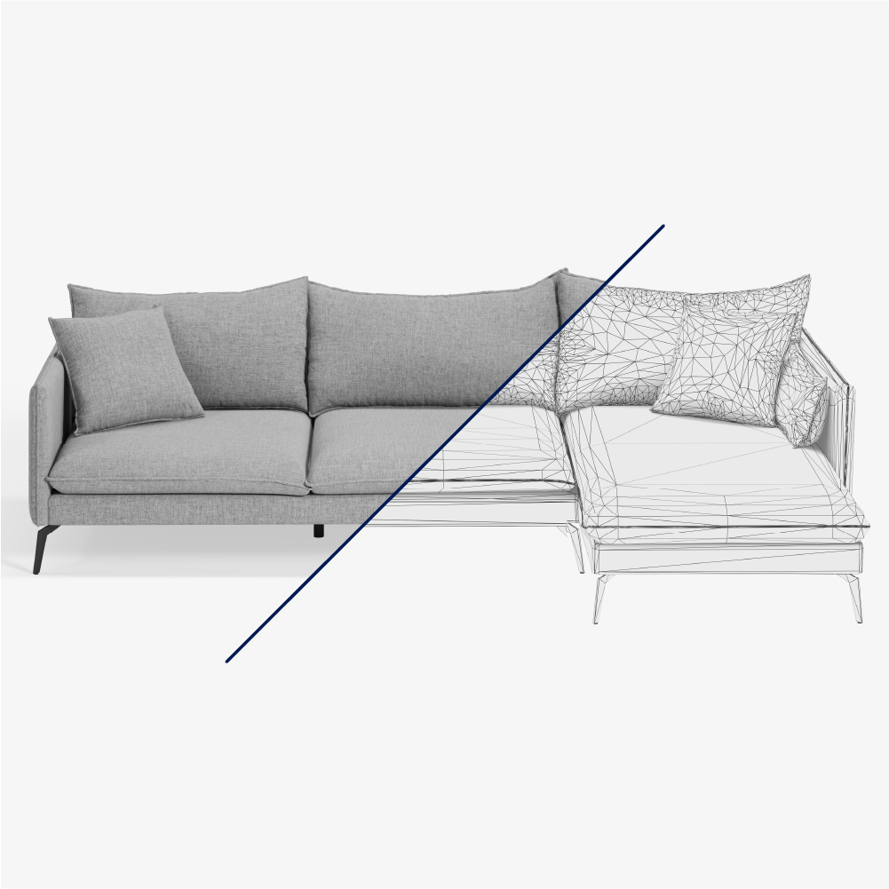 cgi 3D render overlay of a 3d model wireframe and a grey sofa