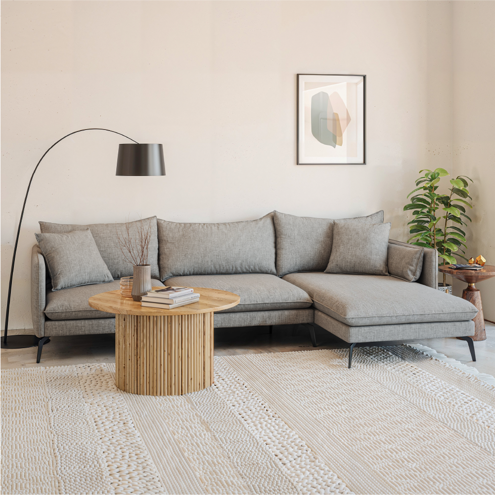 cgi 3D render of a living room with a grey sofa