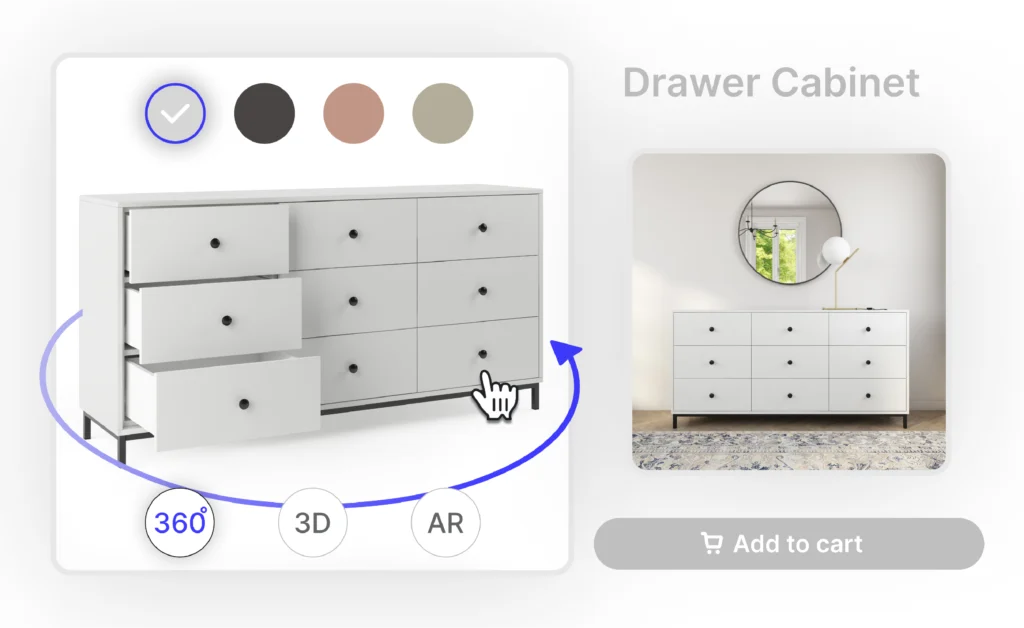 a 3D model of a cabinet displayed with a lifestyle render and a web viewer.