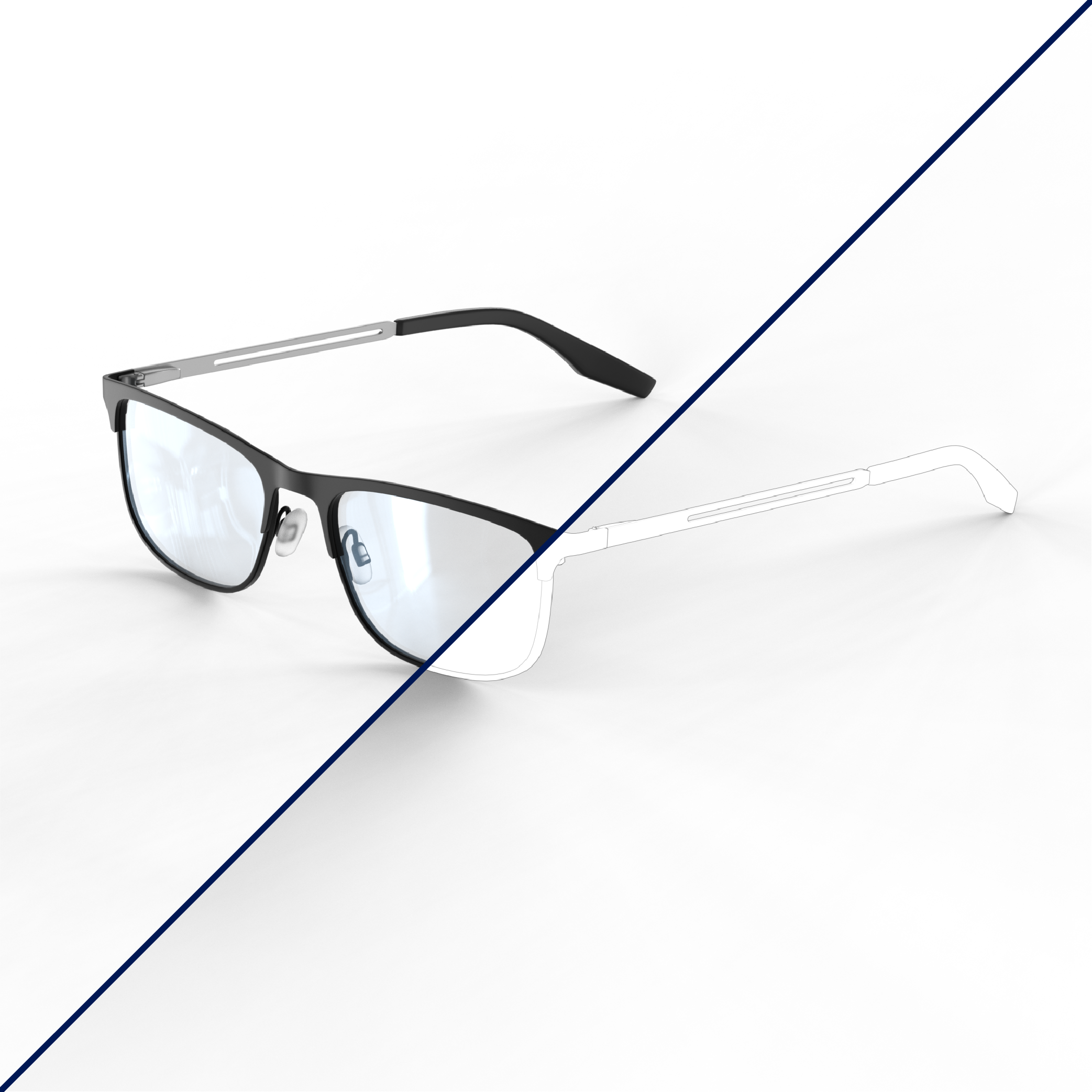 CGI overlay of a 3d model render of a reading glasses