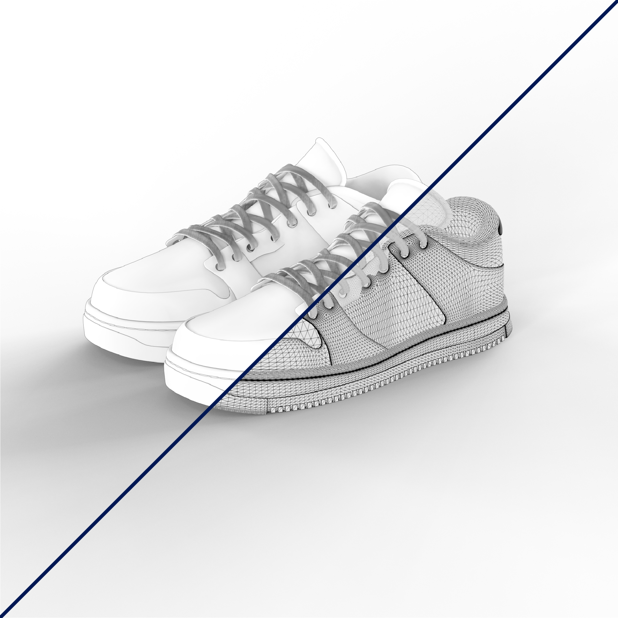 3D overlay wireframe render of a shoe