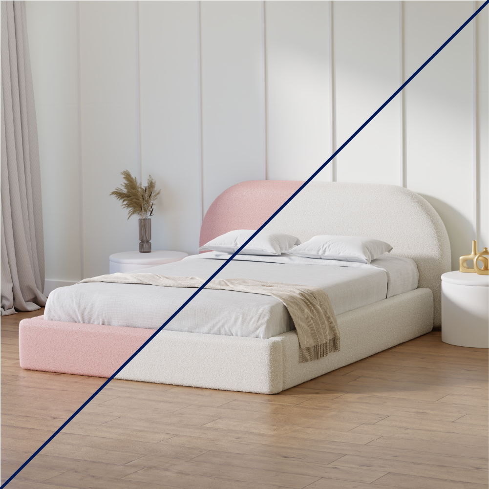 CGI overlay of a bed in a sleep room showed in color cream and pink