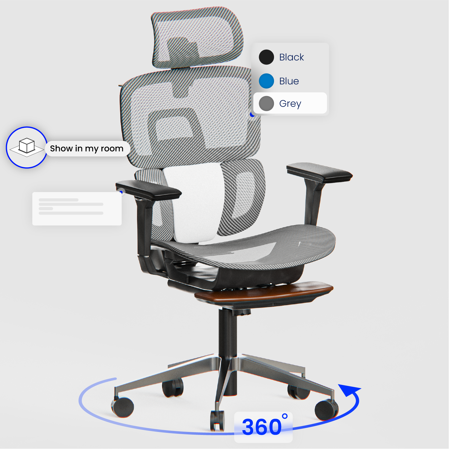 A screenshot of a 3D viewer of an office chair with the button “show in my room” for augmented reality