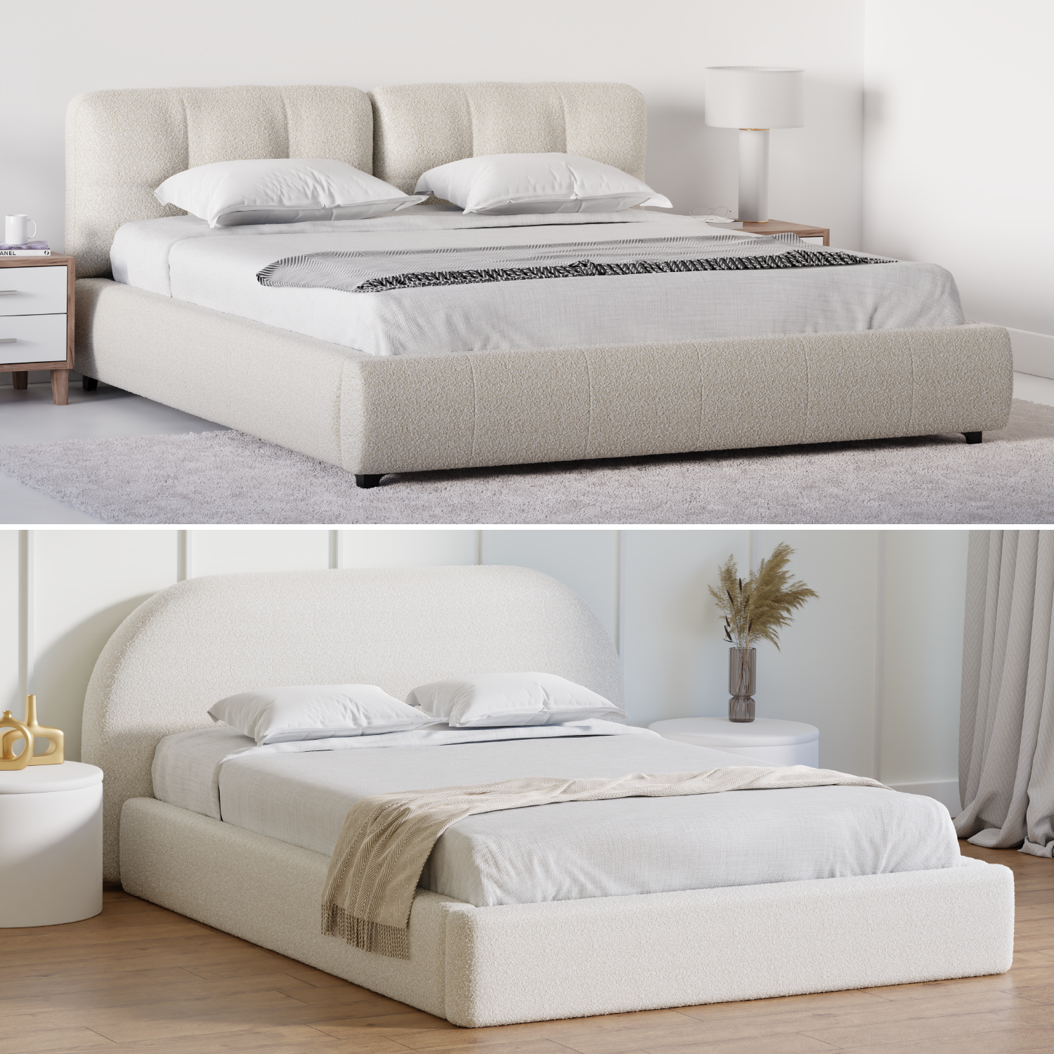 two product lifestyle renders of a 3d model of a cream bed