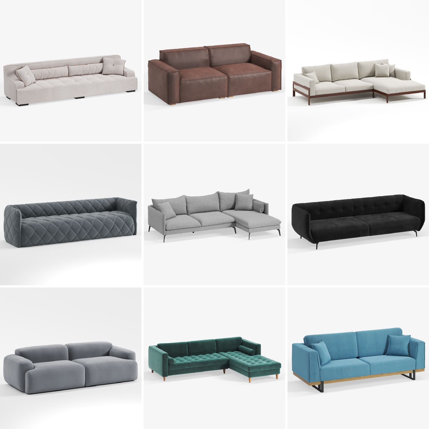 collage of 3d products renders mainly different sofas