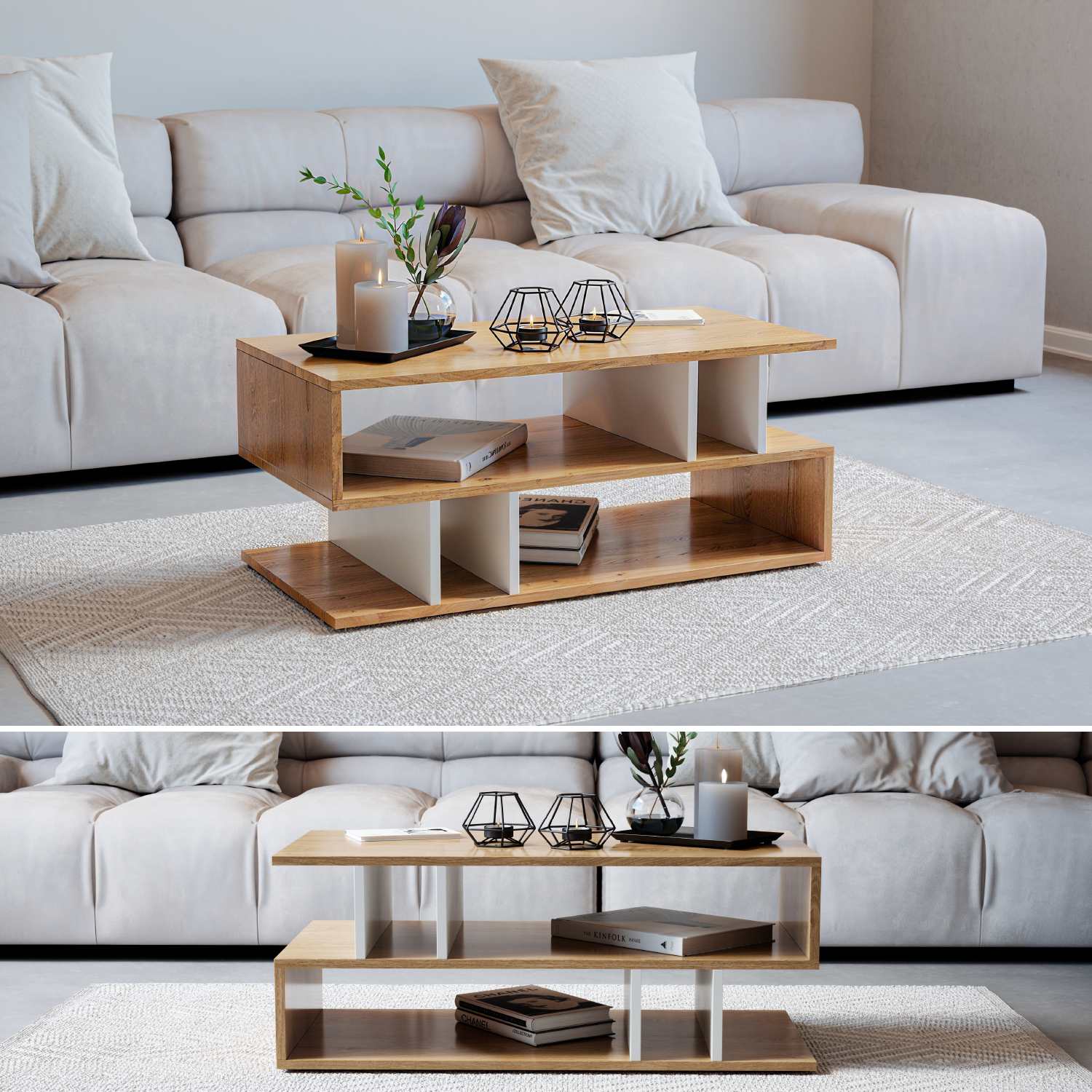 two product lifestyle renders of a 3d model of a wooden table