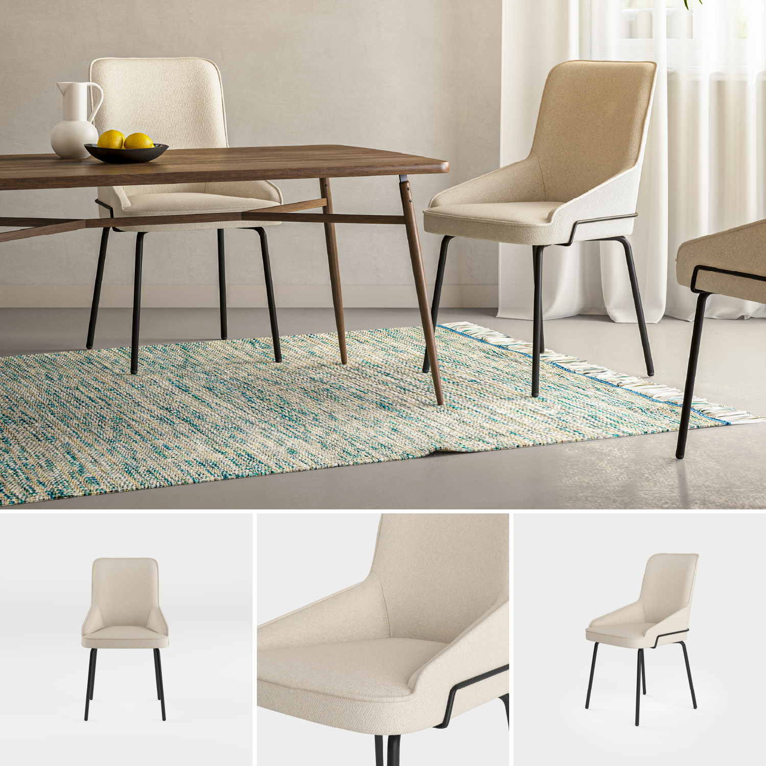 collage of 3d product renders and lifestyle scenes of a dining table and chairs