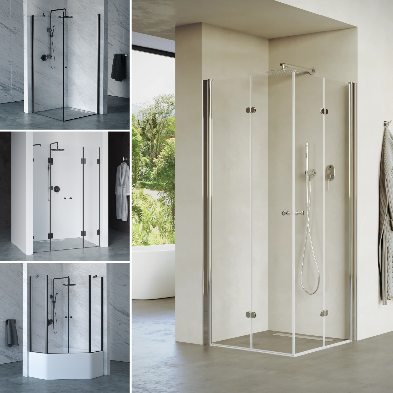 collage of 3d product renders and a lifestyle scene of a shower