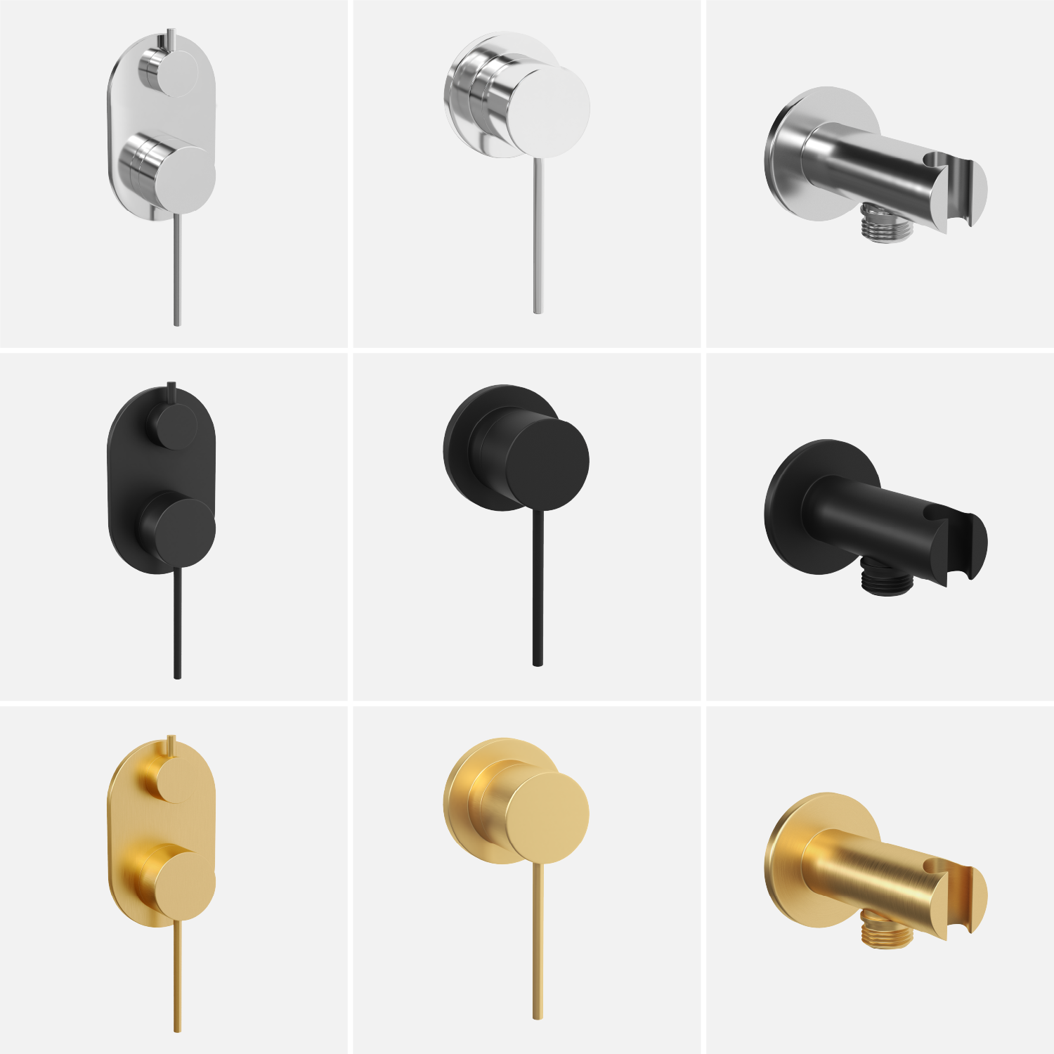 collage of 3d product renders of shower accessories and hardware