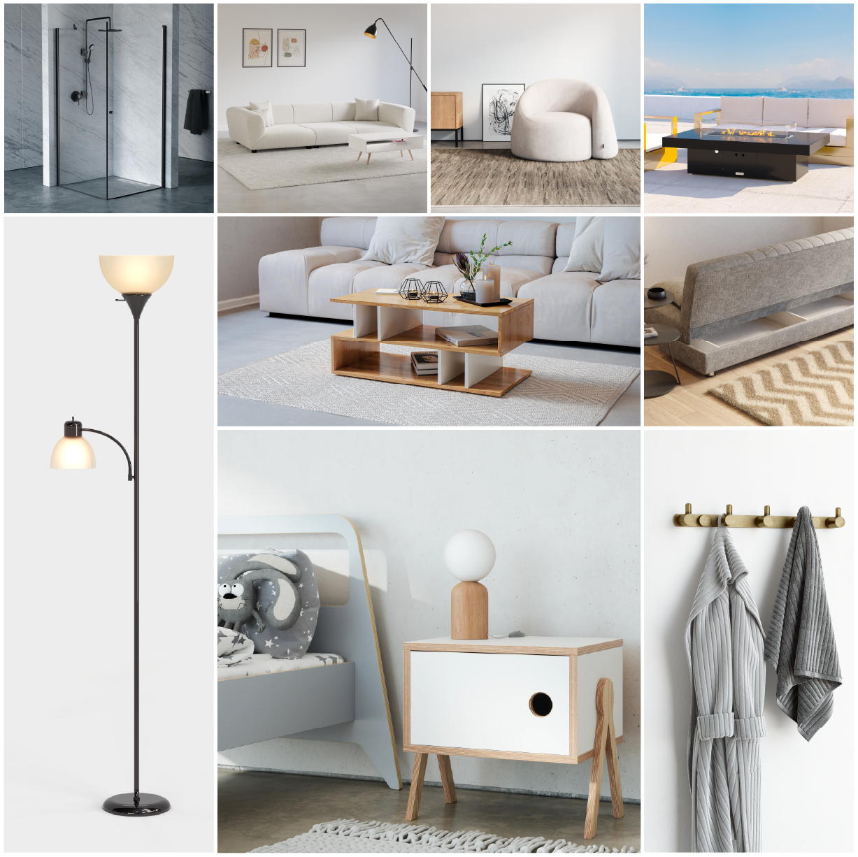 a collage of 3d products renders mainly home goods, lamp, sofa, table, shower