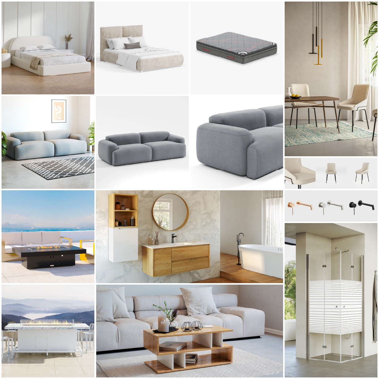 a collage of 3d products renders mainly home goods, lamp, sofa, table, shower