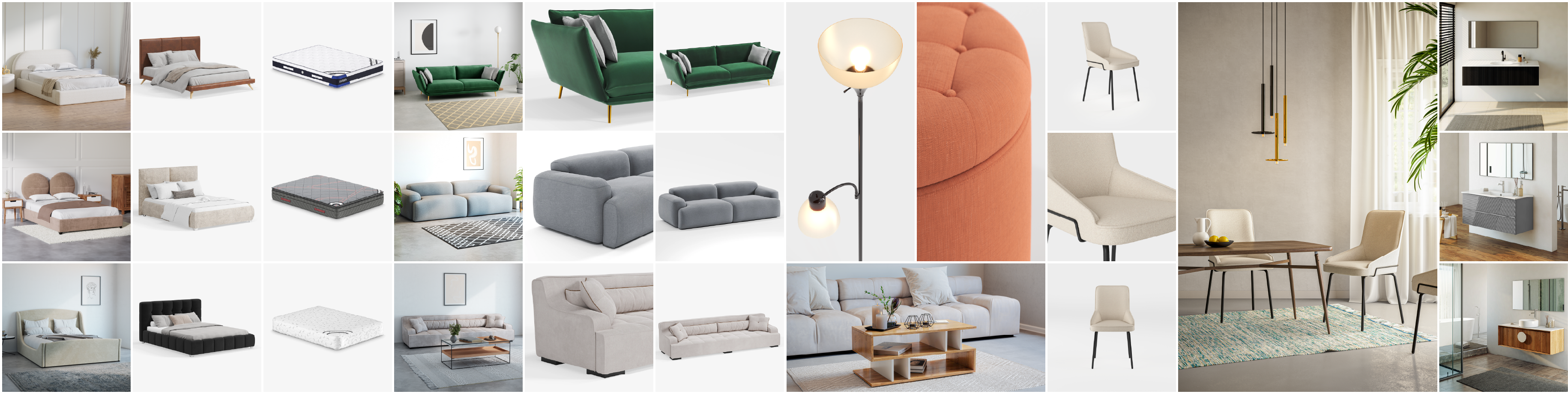 a collage of 3d products renders mainly furniture